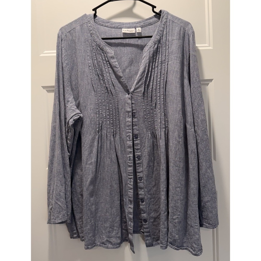 Kim Rogers Woman 2X Linen Blend Pintuck Blouse Blue Chambray Long Sleeve
